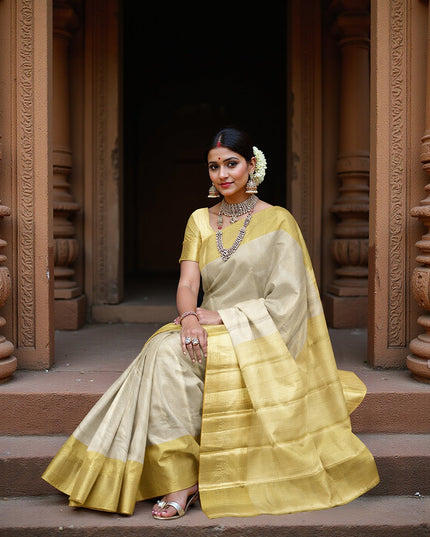 Golden Yellow and Silver Pure Tissue Silk Kanjeevaram Saree with Handwoven Minimalist Stripes and Solid Zari Border, 5.5 Meters with Blouse Piece, Originating from India-D22720