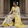 Golden Yellow and Silver Pure Tissue Silk Kanjeevaram Saree with Handwoven Minimalist Stripes and Solid Zari Border, 5.5 Meters with Blouse Piece, Originating from India-D22720