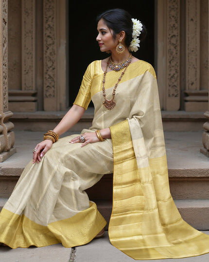 Golden Yellow and Silver Pure Tissue Silk Kanjeevaram Saree with Handwoven Minimalist Stripes and Solid Zari Border, 5.5 Meters with Blouse Piece, Originating from India-D22720