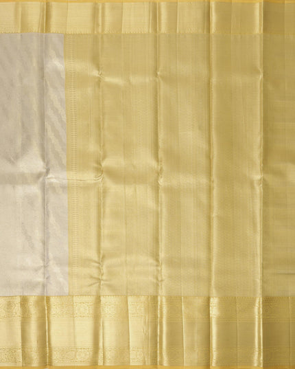 Golden Yellow and Silver Pure Tissue Silk Kanjeevaram Saree with Handwoven Minimalist Stripes and Solid Zari Border, 5.5 Meters with Blouse Piece, Originating from India-D22720