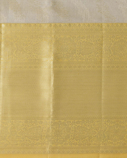 Golden Yellow and Silver Pure Tissue Silk Kanjeevaram Saree with Handwoven Minimalist Stripes and Solid Zari Border, 5.5 Meters with Blouse Piece, Originating from India-D22720