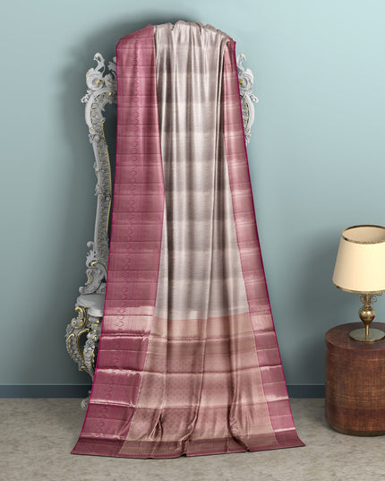 Rose Pink Pure Tissue Silk Kanjeevaram Saree with Geometric Zari Border and Dual Tone Weave, 5.5 Meters with Blouse Piece, Handwoven from India-D22723