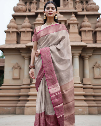 Rose Pink Pure Tissue Silk Kanjeevaram Saree with Geometric Zari Border and Dual Tone Weave, 5.5 Meters with Blouse Piece, Handwoven from India-D22723