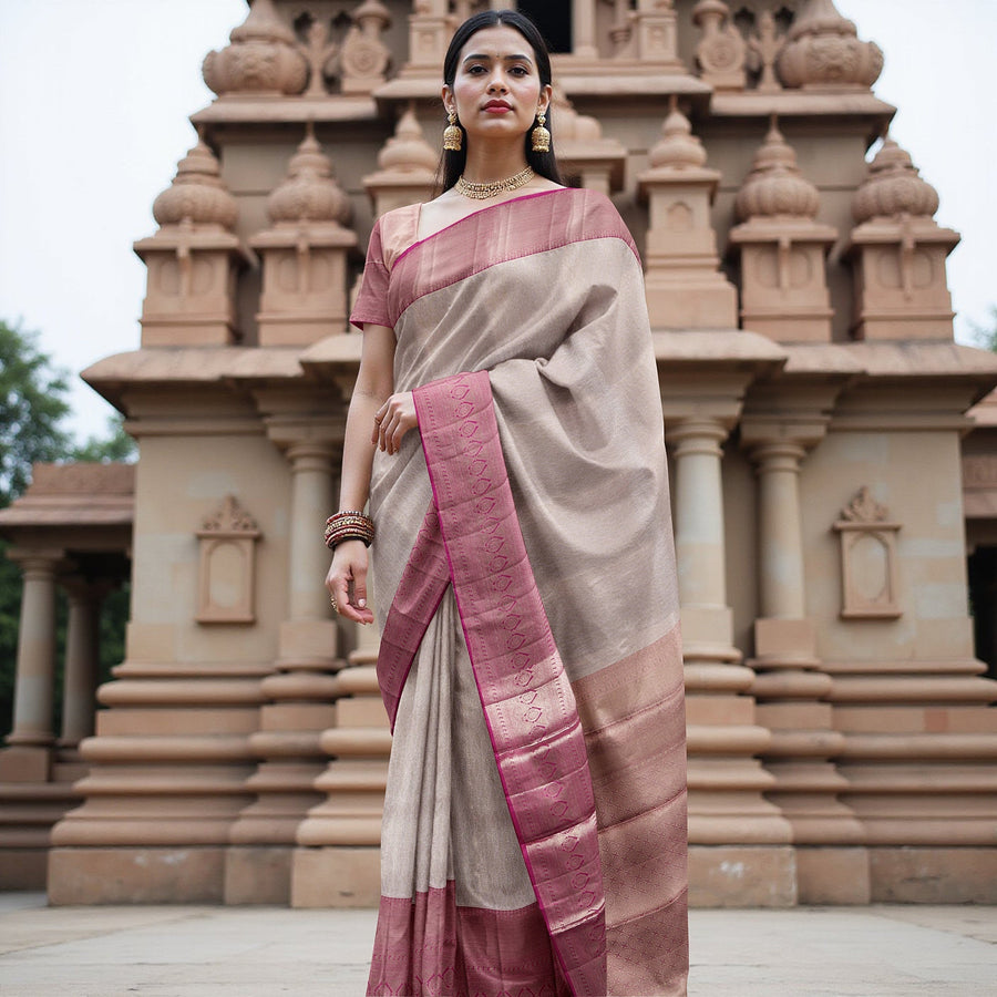 Rose Pink Pure Tissue Silk Kanjeevaram Saree with Geometric Zari Border and Dual Tone Weave, 5.5 Meters with Blouse Piece, Handwoven from India-D22723