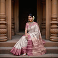 Rose Pink Pure Tissue Silk Kanjeevaram Saree with Geometric Zari Border and Dual Tone Weave, 5.5 Meters with Blouse Piece, Handwoven from India-D22723