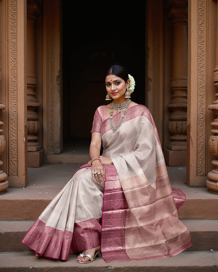 Rose Pink Pure Tissue Silk Kanjeevaram Saree with Geometric Zari Border and Dual Tone Weave, 5.5 Meters with Blouse Piece, Handwoven from India-D22723