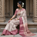Rose Pink Pure Tissue Silk Kanjeevaram Saree with Geometric Zari Border and Dual Tone Weave, 5.5 Meters with Blouse Piece, Handwoven from India-D22723