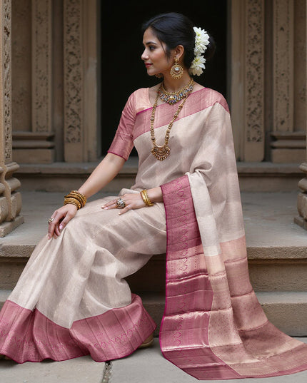 Rose Pink Pure Tissue Silk Kanjeevaram Saree with Geometric Zari Border and Dual Tone Weave, 5.5 Meters with Blouse Piece, Handwoven from India-D22723