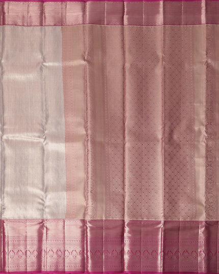 Rose Pink Pure Tissue Silk Kanjeevaram Saree with Geometric Zari Border and Dual Tone Weave, 5.5 Meters with Blouse Piece, Handwoven from India-D22723