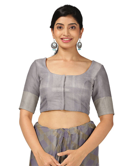 ساري كانجيفارام من الحرير الخالص بتصميم زاري منقوش باللونين الرمادي الفضي والأرجواني مع بالو لامع، 5.5 متر مع قطعة بلوزة، منسوج يدويًا من الهند - D22724