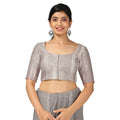 Smokey Grey and Dusty Rose Plain Woven Pure Silk Kanjeevaram Saree with Subtle Stripes, 5.5 Meters with Blouse Piece, Handwoven from India-D22725 - Regal Fabrics