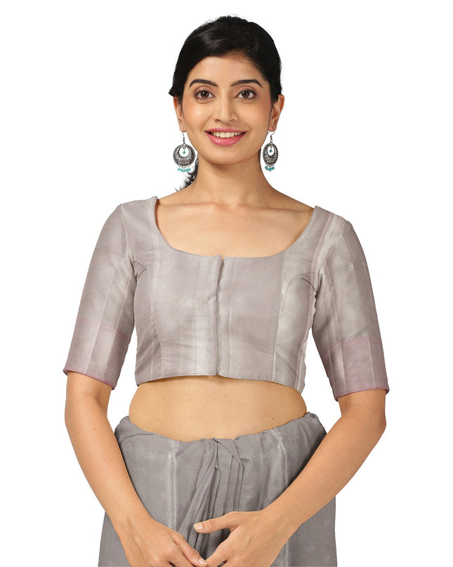 Smokey Grey and Dusty Rose Plain Woven Pure Silk Kanjeevaram Saree with Subtle Stripes, 5.5 Meters with Blouse Piece, Handwoven from India-D22725 - Regal Fabrics