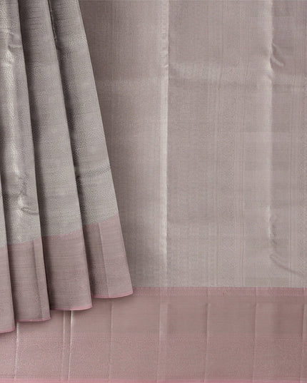Smokey Grey and Dusty Rose Plain Woven Pure Silk Kanjeevaram Saree with Subtle Stripes, 5.5 Meters with Blouse Piece, Handwoven from India-D22725 - Regal Fabrics