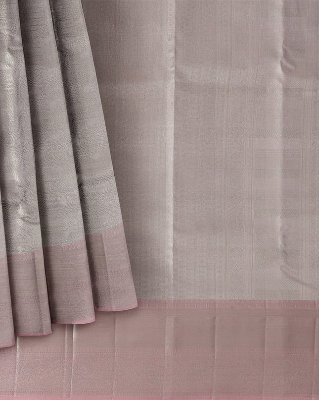 Smokey Grey and Dusty Rose Plain Woven Pure Silk Kanjeevaram Saree with Subtle Stripes, 5.5 Meters with Blouse Piece, Handwoven from India-D22725 - Regal Fabrics