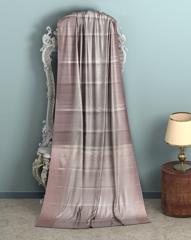 Smokey Grey and Dusty Rose Plain Woven Pure Silk Kanjeevaram Saree with Subtle Stripes, 5.5 Meters with Blouse Piece, Handwoven from India-D22725 - Regal Fabrics