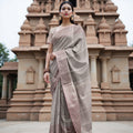 Smokey Grey and Dusty Rose Plain Woven Pure Silk Kanjeevaram Saree with Subtle Stripes, 5.5 Meters with Blouse Piece, Handwoven from India-D22725 - Regal Fabrics