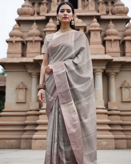 Smokey Grey and Dusty Rose Plain Woven Pure Silk Kanjeevaram Saree with Subtle Stripes, 5.5 Meters with Blouse Piece, Handwoven from India-D22725 - Regal Fabrics