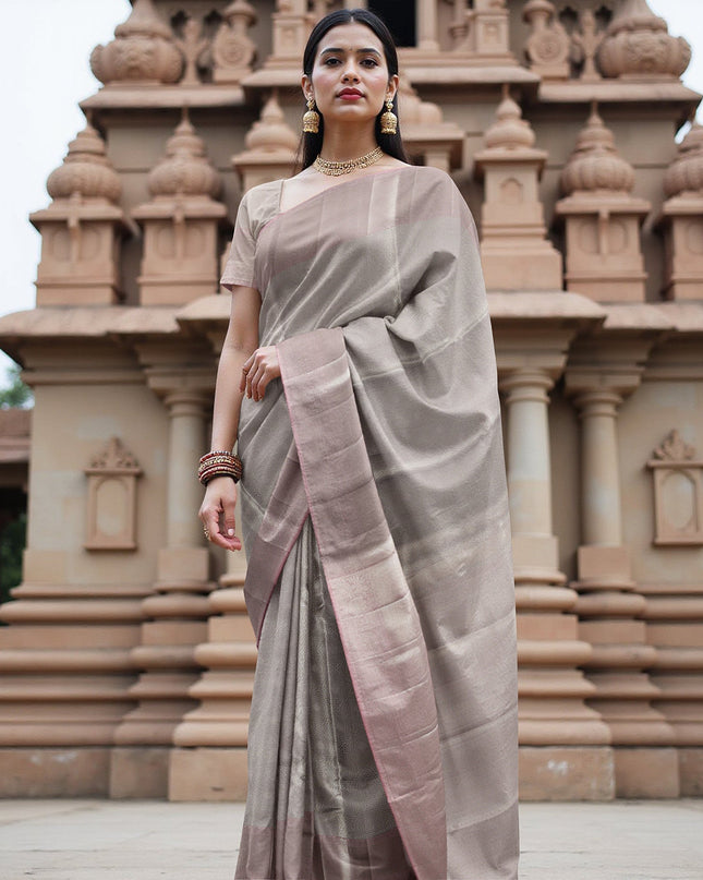 Smokey Grey and Dusty Rose Plain Woven Pure Silk Kanjeevaram Saree with Subtle Stripes, 5.5 Meters with Blouse Piece, Handwoven from India-D22725 - Regal Fabrics