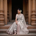 Smokey Grey and Dusty Rose Plain Woven Pure Silk Kanjeevaram Saree with Subtle Stripes, 5.5 Meters with Blouse Piece, Handwoven from India-D22725 - Regal Fabrics