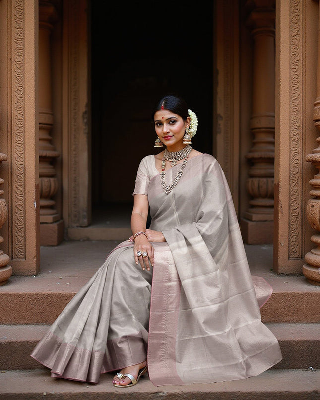 Smokey Grey and Dusty Rose Plain Woven Pure Silk Kanjeevaram Saree with Subtle Stripes, 5.5 Meters with Blouse Piece, Handwoven from India-D22725 - Regal Fabrics
