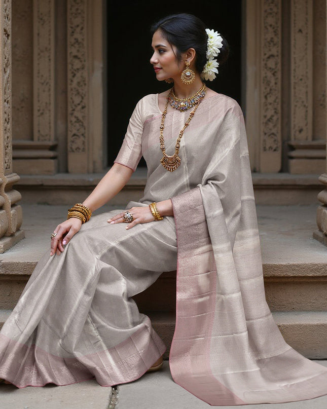 Smokey Grey and Dusty Rose Plain Woven Pure Silk Kanjeevaram Saree with Subtle Stripes, 5.5 Meters with Blouse Piece, Handwoven from India-D22725 - Regal Fabrics