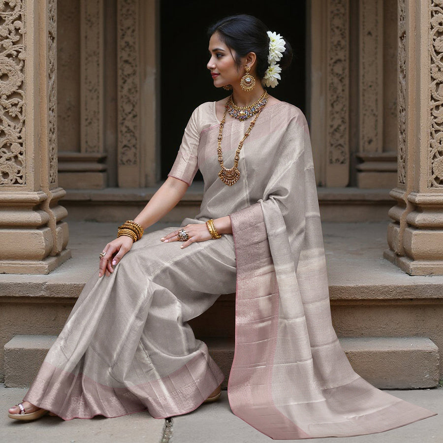 Smokey Grey and Dusty Rose Plain Woven Pure Silk Kanjeevaram Saree with Subtle Stripes, 5.5 Meters with Blouse Piece, Handwoven from India-D22725 - Regal Fabrics