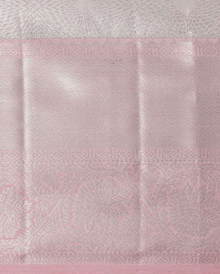 Smokey Grey and Dusty Rose Plain Woven Pure Silk Kanjeevaram Saree with Subtle Stripes, 5.5 Meters with Blouse Piece, Handwoven from India-D22725 - Regal Fabrics