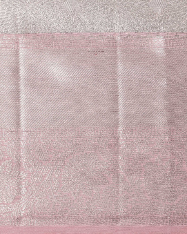 Smokey Grey and Dusty Rose Plain Woven Pure Silk Kanjeevaram Saree with Subtle Stripes, 5.5 Meters with Blouse Piece, Handwoven from India-D22725 - Regal Fabrics