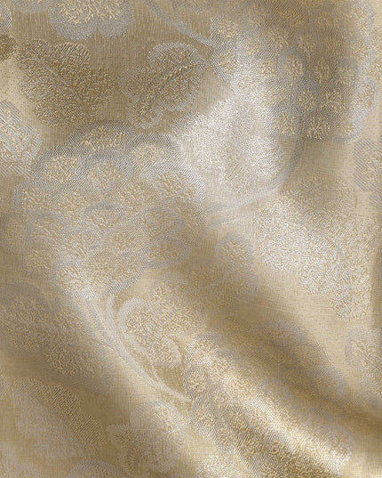 ساري كانجيفارام من الحرير الخالص، منسوج بنقشة زهور باللون البيج الذهبي، مع لوحة متباينة، بطول 5.5 متر مع قطعة بلوزة، منسوج يدويًا من الهند - D22726