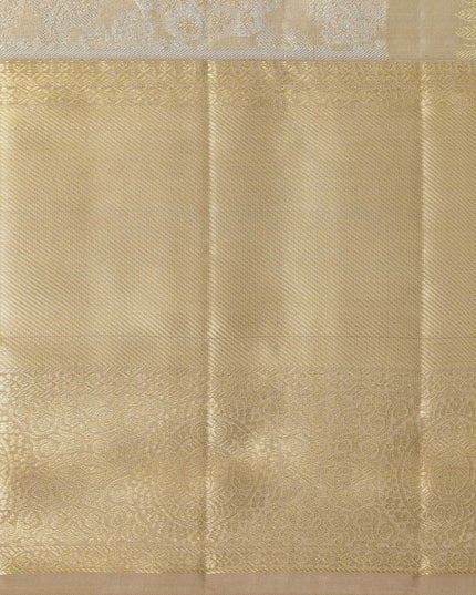 ساري كانجيفارام من الحرير الخالص، منسوج بنقشة زهور باللون البيج الذهبي، مع لوحة متباينة، بطول 5.5 متر مع قطعة بلوزة، منسوج يدويًا من الهند - D22726