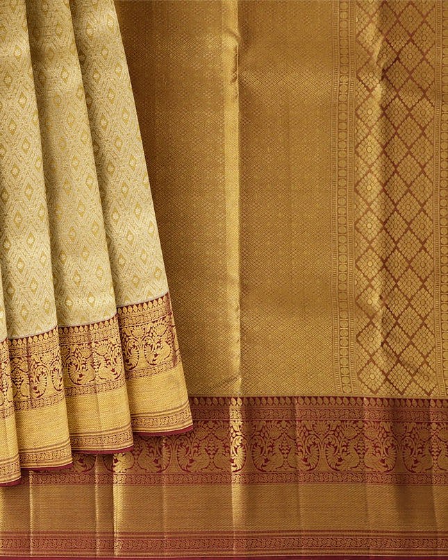 Golden Mustard Traditional Zari Brocade Weave with Maroon Border Pure Silk Kanjeevaram Saree, 5.5 Meters with Blouse Piece, Handwoven from India-D22728 - Regal Fabrics