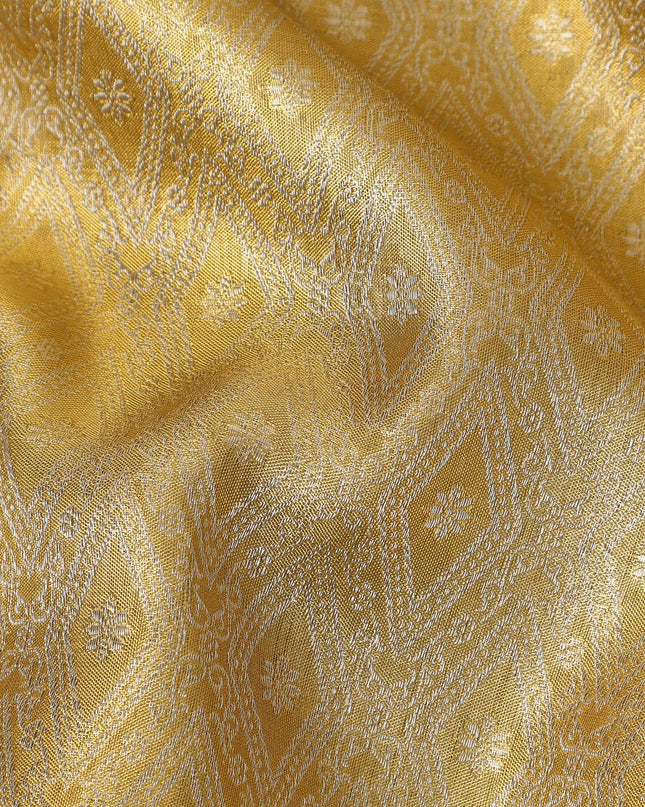Golden Mustard Traditional Zari Brocade Weave with Maroon Border Pure Silk Kanjeevaram Saree, 5.5 Meters with Blouse Piece, Handwoven from India-D22728 - Regal Fabrics