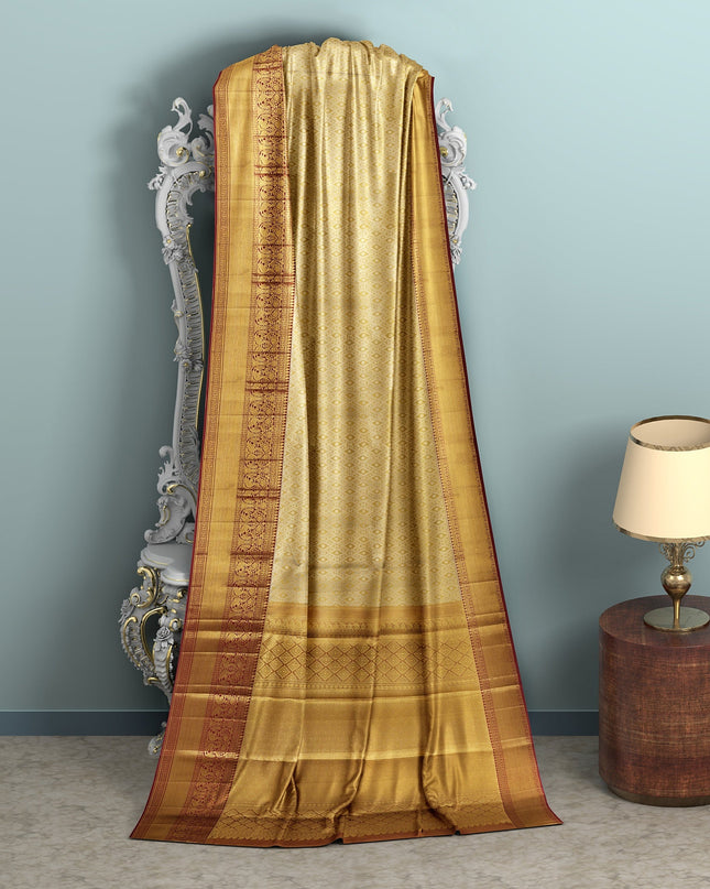 Golden Mustard Traditional Zari Brocade Weave with Maroon Border Pure Silk Kanjeevaram Saree, 5.5 Meters with Blouse Piece, Handwoven from India-D22728 - Regal Fabrics
