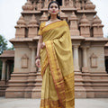Golden Mustard Traditional Zari Brocade Weave with Maroon Border Pure Silk Kanjeevaram Saree, 5.5 Meters with Blouse Piece, Handwoven from India-D22728