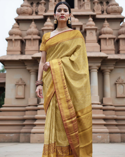 Golden Mustard Traditional Zari Brocade Weave with Maroon Border Pure Silk Kanjeevaram Saree, 5.5 Meters with Blouse Piece, Handwoven from India-D22728