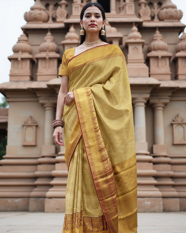 Golden Mustard Traditional Zari Brocade Weave with Maroon Border Pure Silk Kanjeevaram Saree, 5.5 Meters with Blouse Piece, Handwoven from India-D22728 - Regal Fabrics