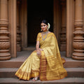 Golden Mustard Traditional Zari Brocade Weave with Maroon Border Pure Silk Kanjeevaram Saree, 5.5 Meters with Blouse Piece, Handwoven from India-D22728