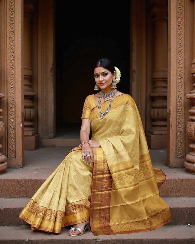 Golden Mustard Traditional Zari Brocade Weave with Maroon Border Pure Silk Kanjeevaram Saree, 5.5 Meters with Blouse Piece, Handwoven from India-D22728 - Regal Fabrics