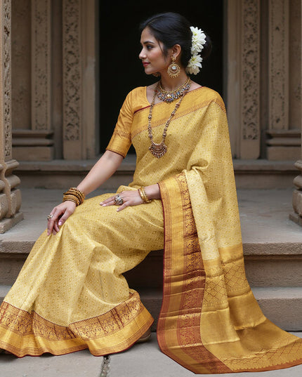 Golden Mustard Traditional Zari Brocade Weave with Maroon Border Pure Silk Kanjeevaram Saree, 5.5 Meters with Blouse Piece, Handwoven from India-D22728