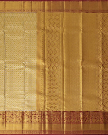 Golden Mustard Traditional Zari Brocade Weave with Maroon Border Pure Silk Kanjeevaram Saree, 5.5 Meters with Blouse Piece, Handwoven from India-D22728