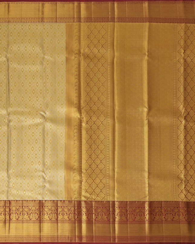 Golden Mustard Traditional Zari Brocade Weave with Maroon Border Pure Silk Kanjeevaram Saree, 5.5 Meters with Blouse Piece, Handwoven from India-D22728 - Regal Fabrics