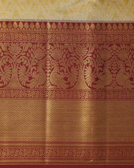 Golden Mustard Traditional Zari Brocade Weave with Maroon Border Pure Silk Kanjeevaram Saree, 5.5 Meters with Blouse Piece, Handwoven from India-D22728