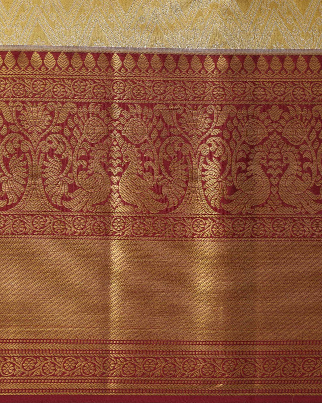 Golden Mustard Traditional Zari Brocade Weave with Maroon Border Pure Silk Kanjeevaram Saree, 5.5 Meters with Blouse Piece, Handwoven from India-D22728 - Regal Fabrics