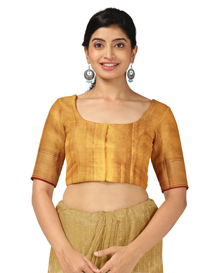 ساري كانجيفارام حريري نقي من قماش زاري مزخرف بنقشة زهور باللون البيج الذهبي مع حافة معبد حمراء، بطول 5.5 متر مع قطعة بلوزة، منسوج يدويًا من الهند - D22729