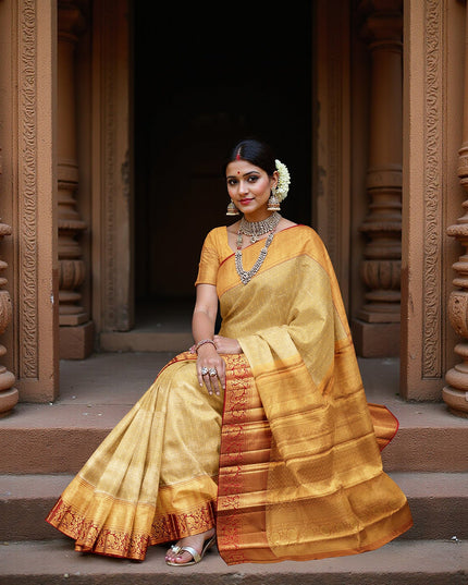 ساري كانجيفارام حريري نقي من قماش زاري مزخرف بنقشة زهور باللون البيج الذهبي مع حافة معبد حمراء، بطول 5.5 متر مع قطعة بلوزة، منسوج يدويًا من الهند - D22729