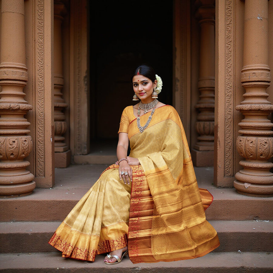 ساري كانجيفارام حريري نقي من قماش زاري مزخرف بنقشة زهور باللون البيج الذهبي مع حافة معبد حمراء، بطول 5.5 متر مع قطعة بلوزة، منسوج يدويًا من الهند - D22729