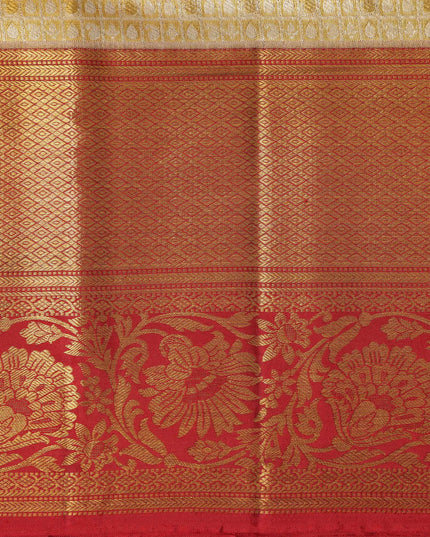 ساري كانجيفارام حريري نقي من قماش زاري مزخرف بنقشة زهور باللون البيج الذهبي مع حافة معبد حمراء، بطول 5.5 متر مع قطعة بلوزة، منسوج يدويًا من الهند - D22729