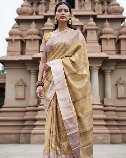 ساري كانجيفارام من الحرير الخالص بتصميم زهري وردي باهت وذهبي، 5.5 متر مع قطعة بلوزة، منسوج يدويًا من الهند - D22730