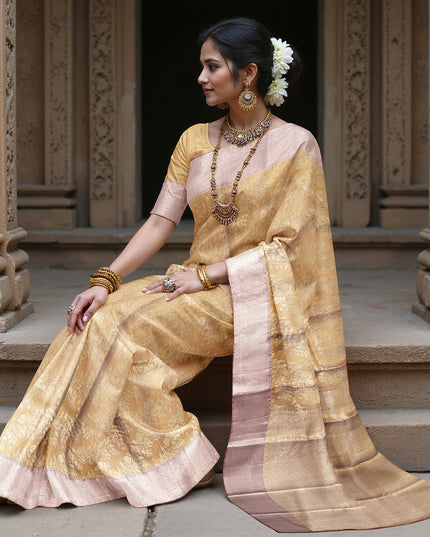 ساري كانجيفارام من الحرير الخالص بتصميم زهري وردي باهت وذهبي، 5.5 متر مع قطعة بلوزة، منسوج يدويًا من الهند - D22730