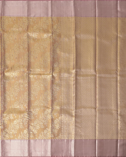 ساري كانجيفارام من الحرير الخالص بتصميم زهري وردي باهت وذهبي، 5.5 متر مع قطعة بلوزة، منسوج يدويًا من الهند - D22730